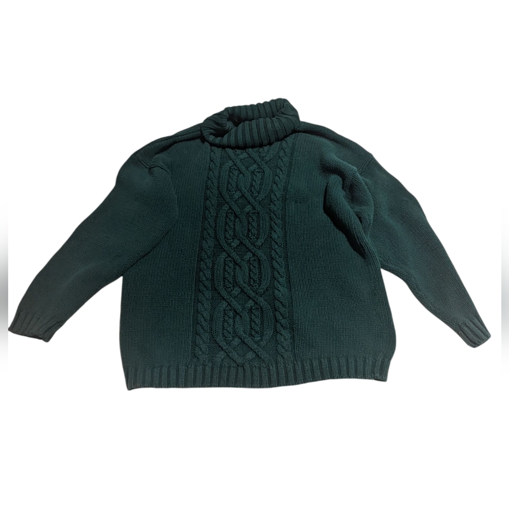 Vintage Green Cable Knit Sweater Turtleneck Cotton